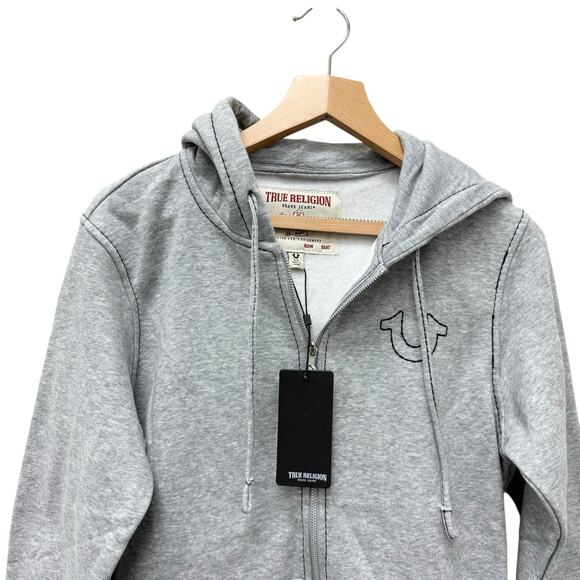 NWT True Religion Big T Zip Up Hoodie Heather Gray Jet Black Men’s Size Small - Picture 3 of 8